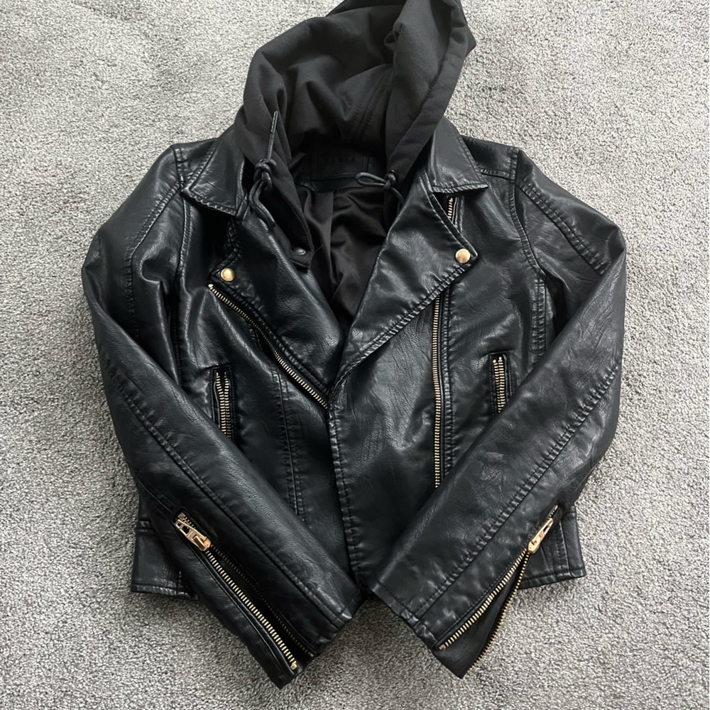 Black BlankNYC leather moto jacket with removable hood